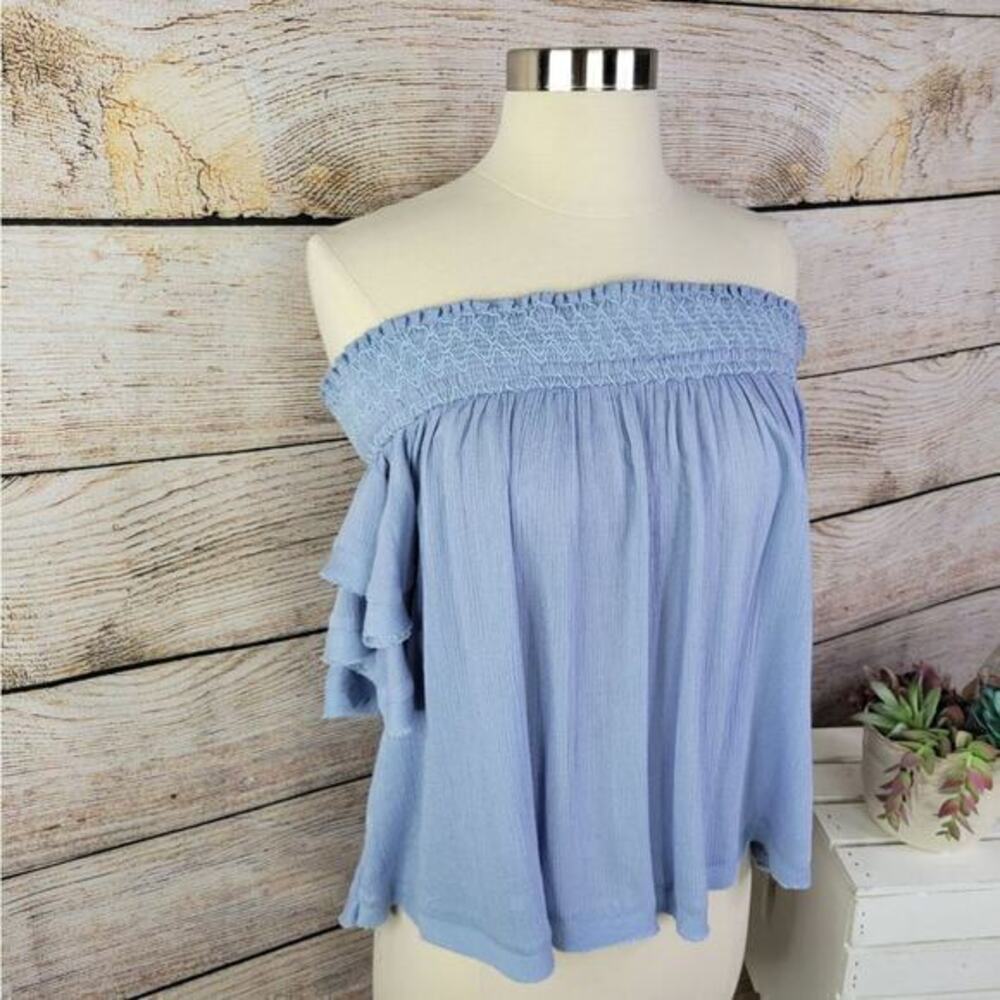 ONETHELAND Blue Off Shoulder Key Hole Back‎ Embroidered Shoulder Top Small - Picture 5 of 9